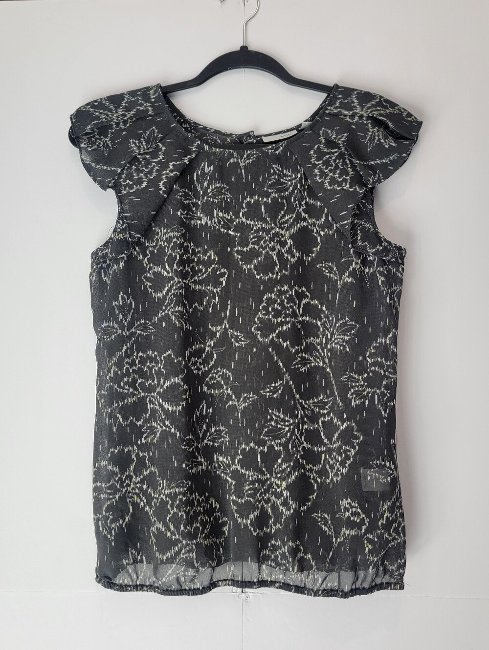 Halogen Gray Floral Ruffle Sheer Sleeve Blouse XS